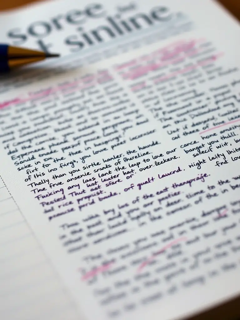 A close-up shot of a manuscript page with handwritten notes and edits, symbolizing the initial submission and review process at DCU Books.