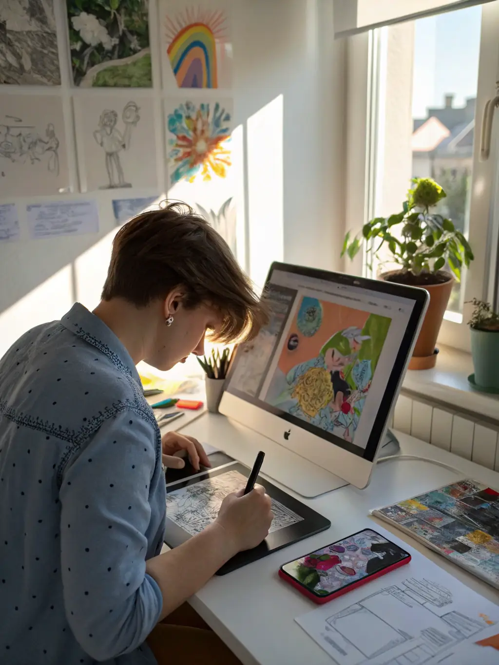 A graphic design artist working on a book cover on a computer, showcasing the design and layout phase of the publishing process at DCU Books.