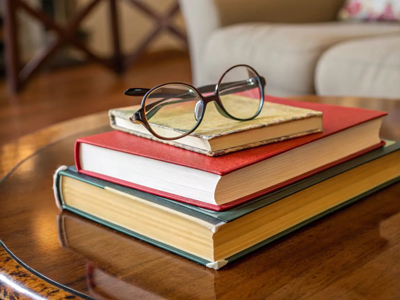 A stack of newly arrived books on a rustic wooden table, with a warm, inviting light shining on them, suggesting a cozy reading atmosphere.