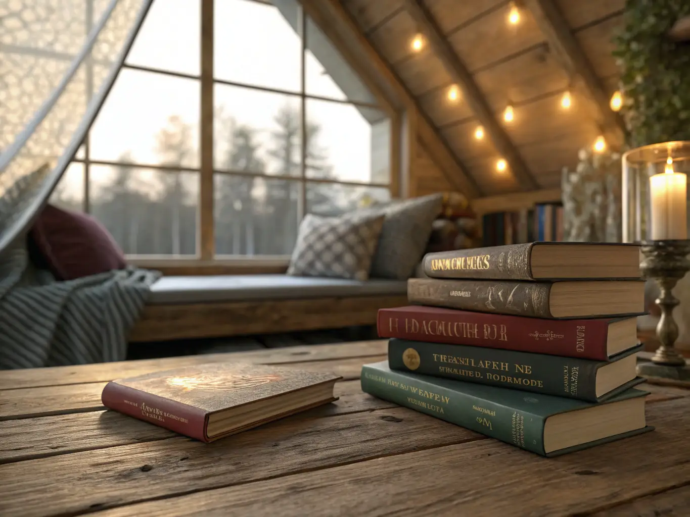 An image displaying a collection of non-fiction books covering topics such as history, science, and biography, arranged on a table with a magnifying glass and a notebook.