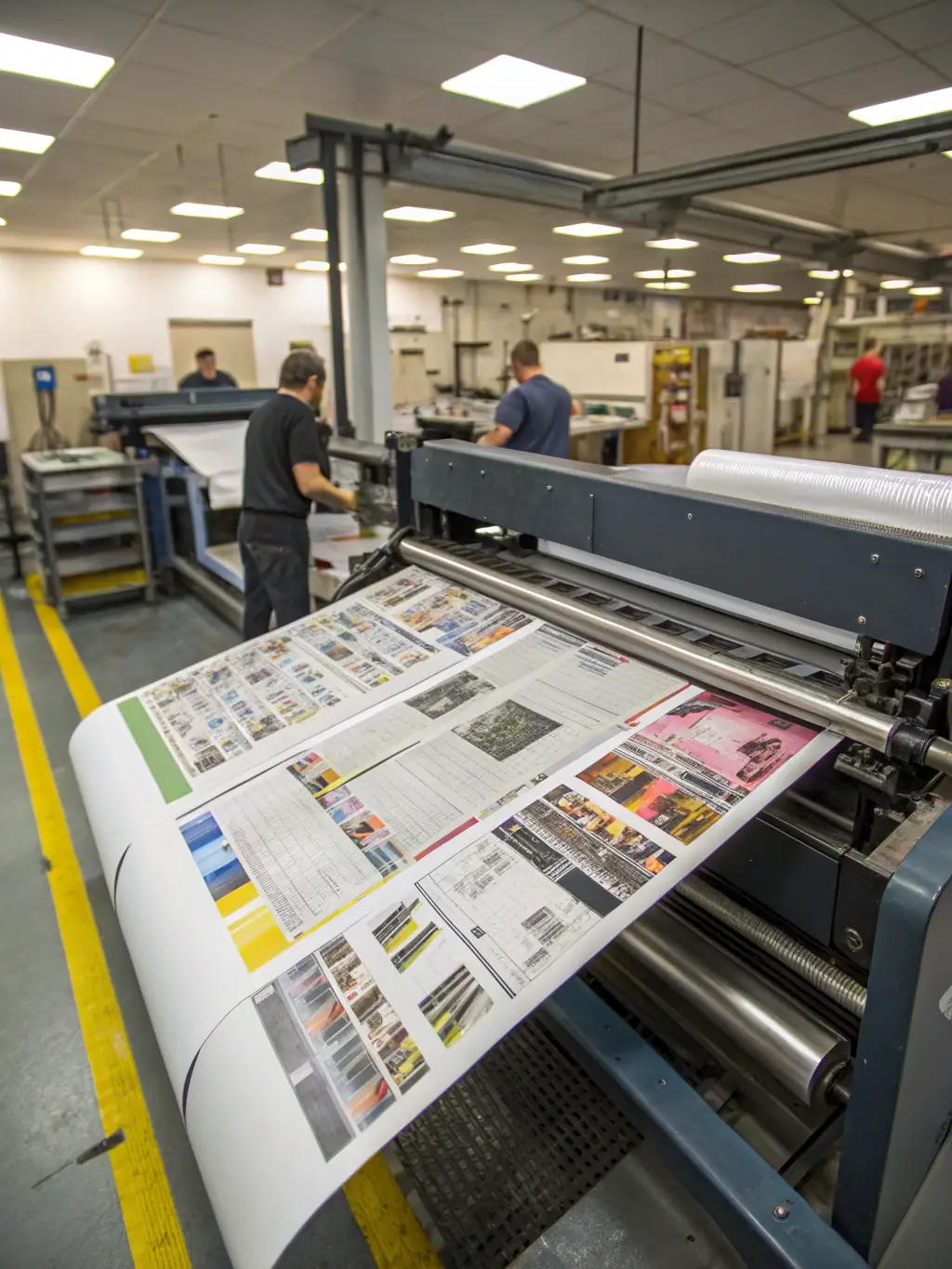 A printing press in action, printing pages of a book, representing the production and printing stage at DCU Books.